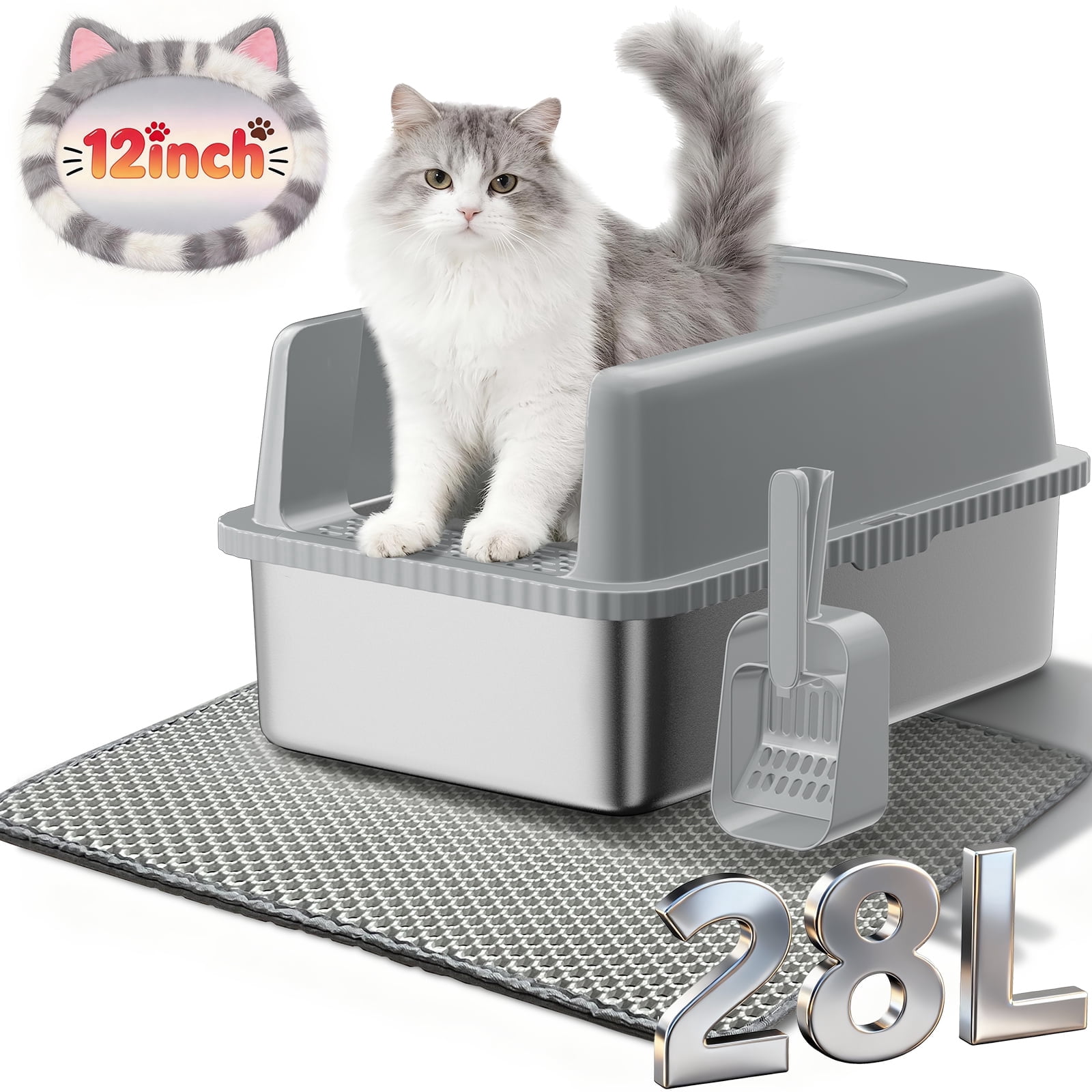 XL Stainless Steel Litter Box,23.5"×15.5"×12" High Sided Cat Litter Box Metal Litter Pan with Lid Extra Large Litter Box with Scoop, Dark Gray