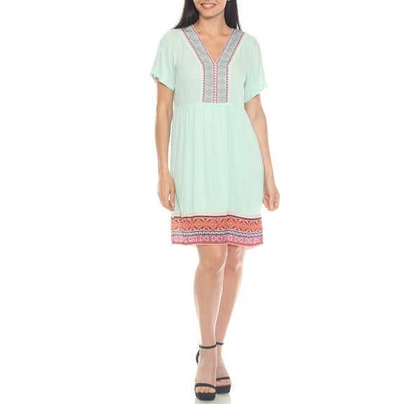 White Mark Short Sleeve Embroidered V-Neck Shift Dress, Women's, S-XL