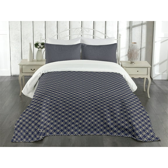 Ambesonne Navy Blue Quilted Bedspread Set 3 Pcs, Oriental Round Shapes, King Size, Navy Blue Beige