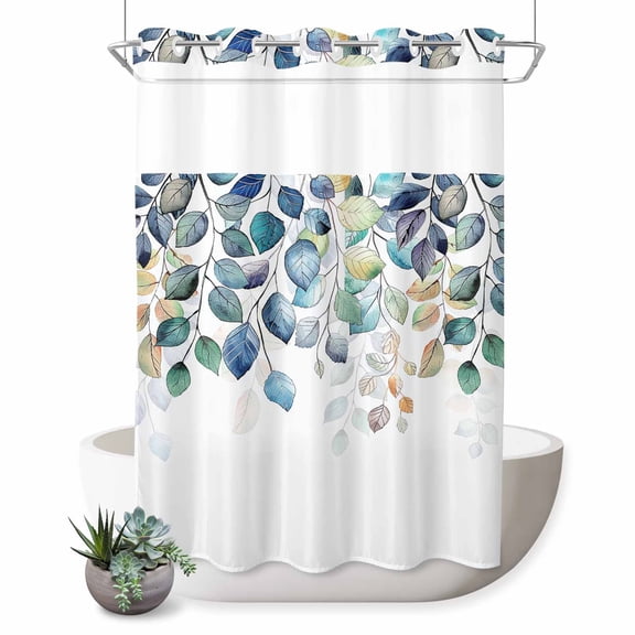 No Hook Shower Curtain, Blue Teal Botanical Shower Curtains for Bathroom with See Through Top Window, Weeping Fall Eucalyptus Leaves Waterproof & Washable Bath Curtain Stall 48"x72"