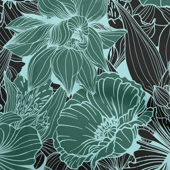 oneOone Viscose Chiffon Dark Teal Green Fabric Asian Line Drawing Oriental Craft Projects Decor Fabric Printed By The Yard 42 Inch Wide