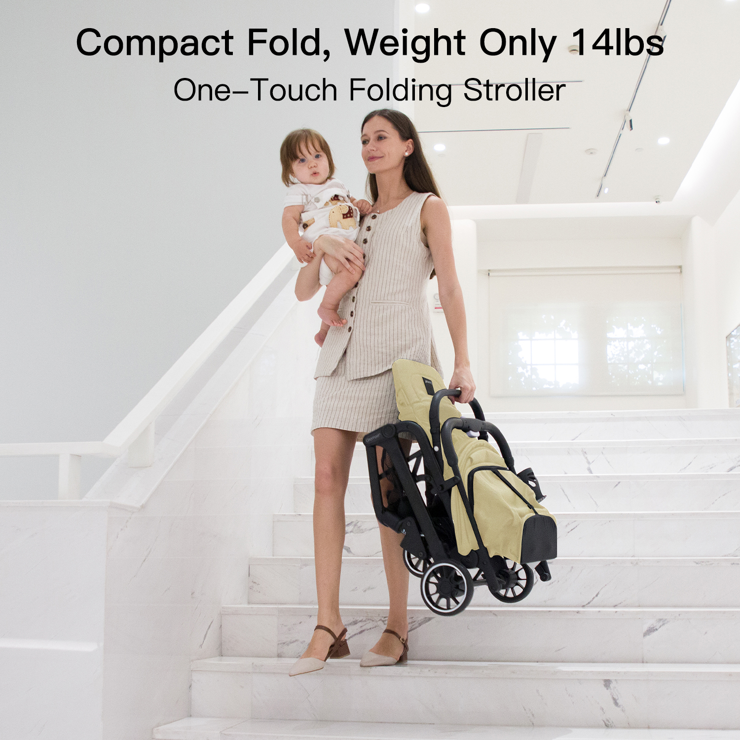 Gromast Compact Fold Baby Stroller, Lightweight Travel Toddler Stroller with One-Click Fold, Extendable UPF50+ Canopy, Cup Holder, UV Protected and Waterproof, One-Hand Folding - Beige