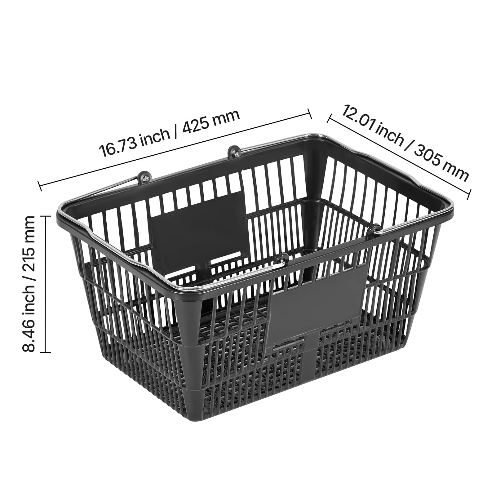 VEVOR Shopping Baskets, 12 PCS, 21L Stackable PE Plastic Grocery Baskets with Handles, Dense Mesh Structure, Holds up to 20 lbs, Portable for Grocery, Retail, Stores, Supermarket, Home Use, Black