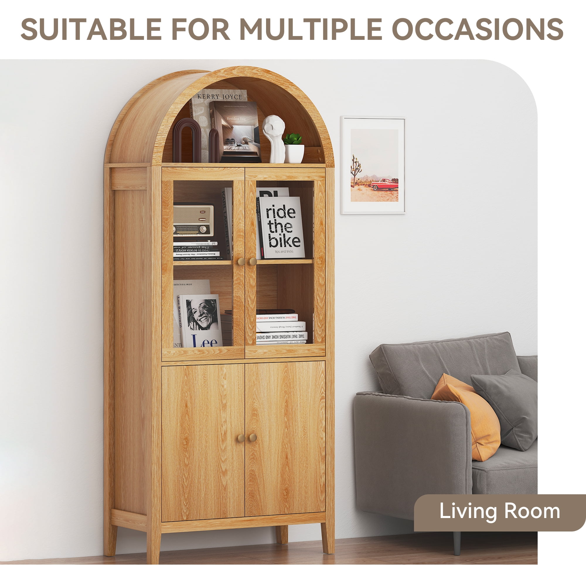 Eunon Tall Arched Pantry Storage Display Cabinet,Arched Storage Cabinet With Doors Retro Oak