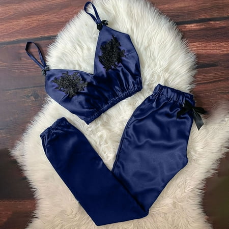 

Cathalem Body Stockings Lingerie Women Bowknot V-Neck Stain Camisole Eyelash Pajamas Pants Set Lace Lace Lingerie Underwear Navy XX-Large