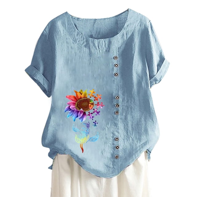 Mujeres Casual Algodón y Lino Top Impreso Manga Corta Botón Túnica Camiseta Blusa Tops Fridja nalpqowj29342