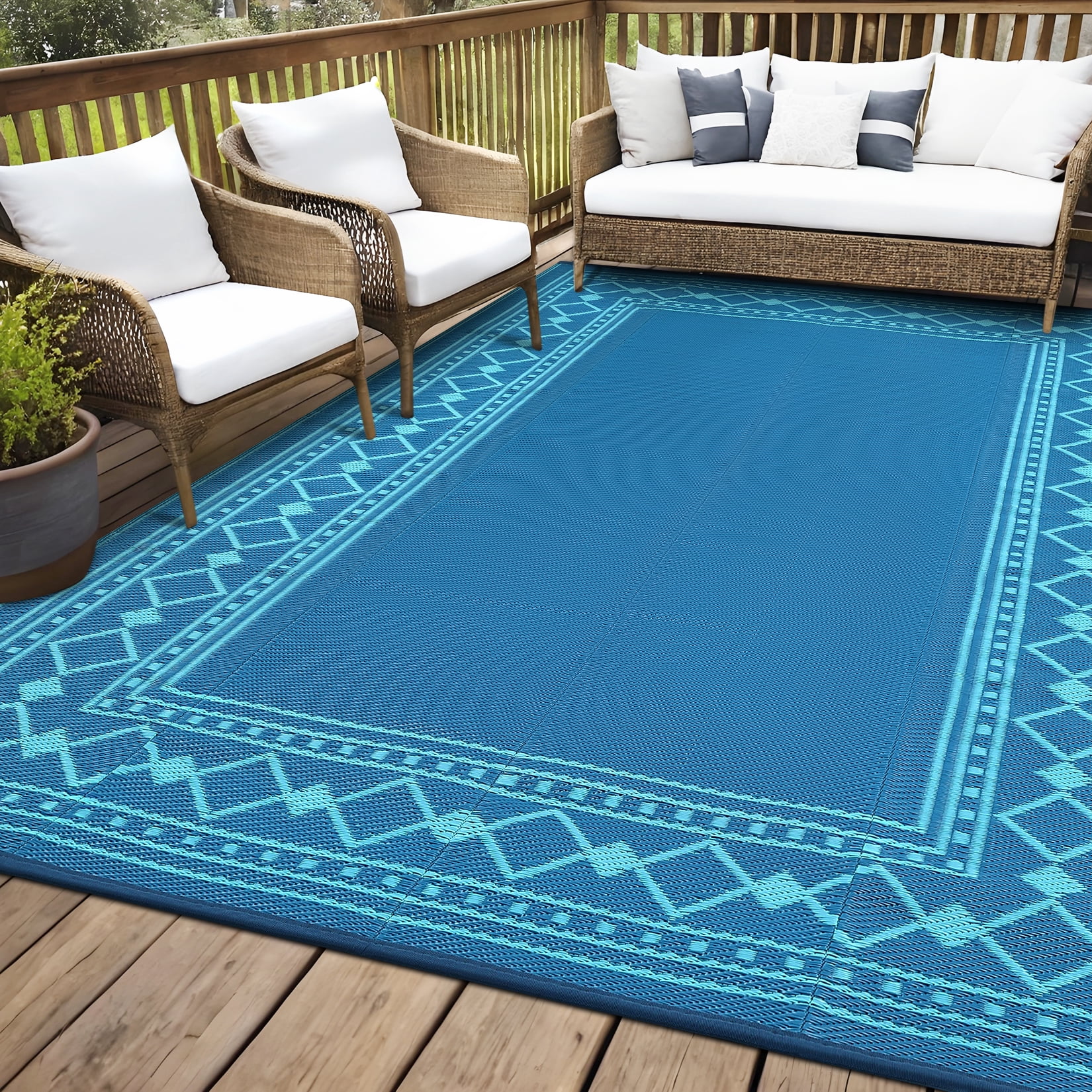 Garvee 9'x18' Outdoor Rug Modern Bordered Geometric Rug Waterproof Reversible Plastic Straw Rug for Patio Camping RV Balcony Backyard, Blue Green