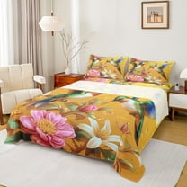 Homewish Rustic Hummingbird Full Size Sheets,Retro Flower Floral Bed Sheets,Green Orange Pink Sheet Sets For Girls Kids,Microfiber Bedroom Decor,4pcs