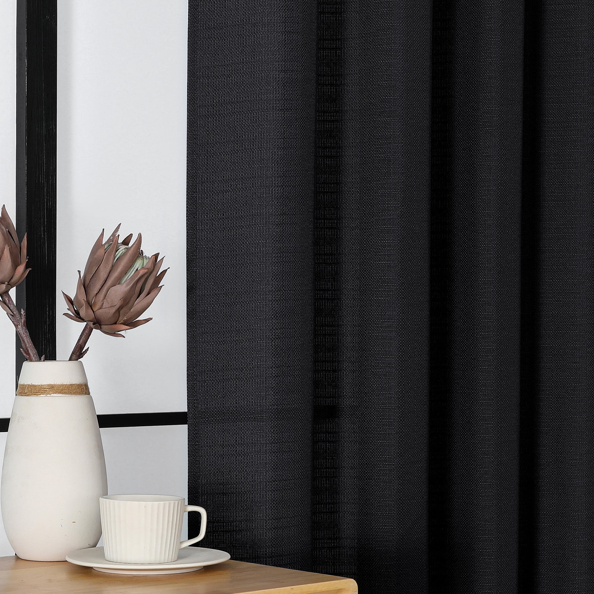 OVZME Bethany Black Curtains Tier 36 Inch Length 2 Panels, Soft Airy Light Filtering Faux Linen Solid Textured Short Curtains for Bedroom Kitchen Window Curtains with Rod Pocket,30Wx36L Inch