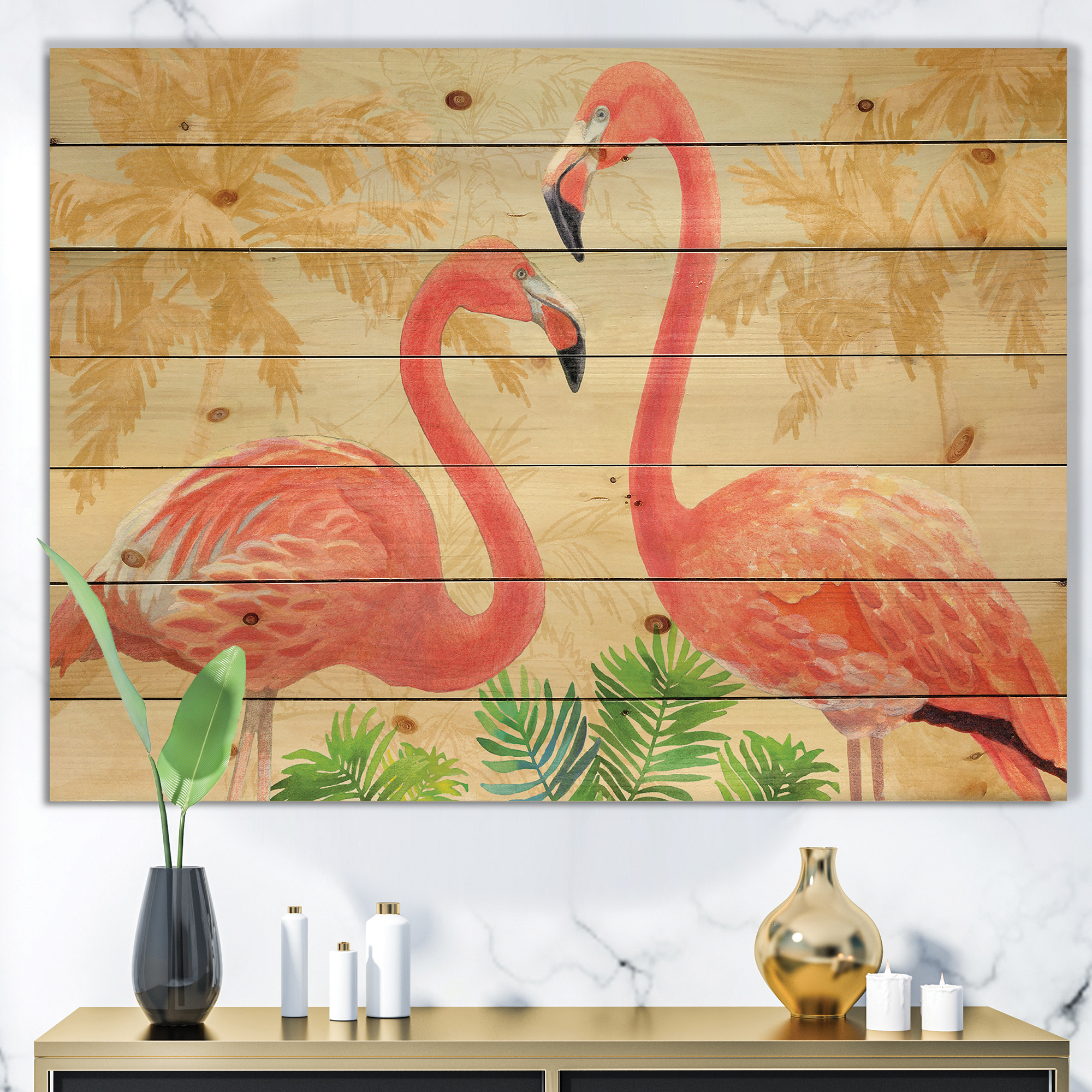 Designart 'Gold Glam Flamingos' Animals Print on Natural Pine Wood