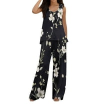 AOMPMSDX Women Boho Two Piece Outfits Casual Printed Vest Sleeveless Top Loose Wide Leg Pants Set Suit Black L