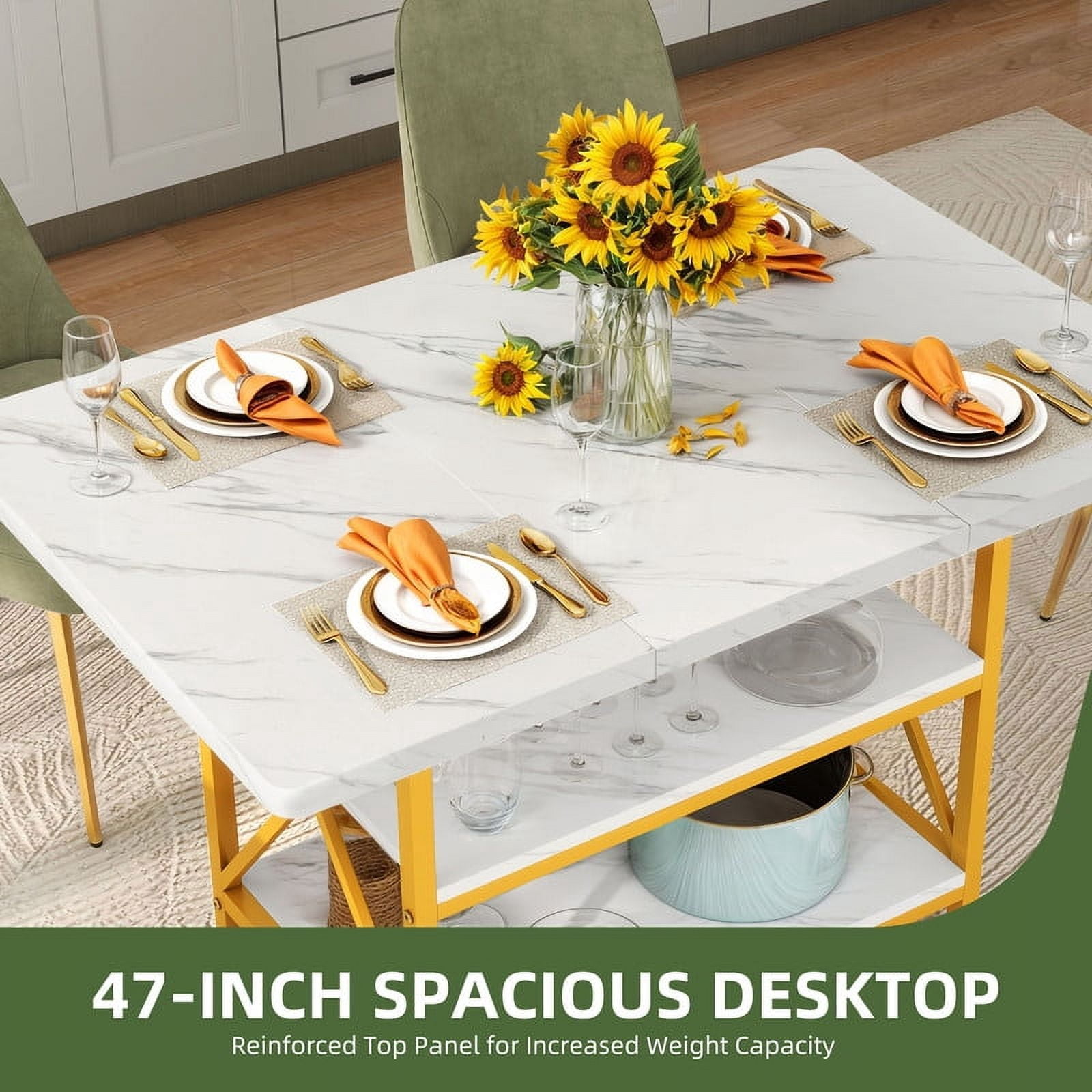 Uforic 47" Dining Table for 4, Dining Room Table with Storage Shelf, ModernRectangle Kitchen Table for Home Kitchen Dining Room Living Room, White& Gold