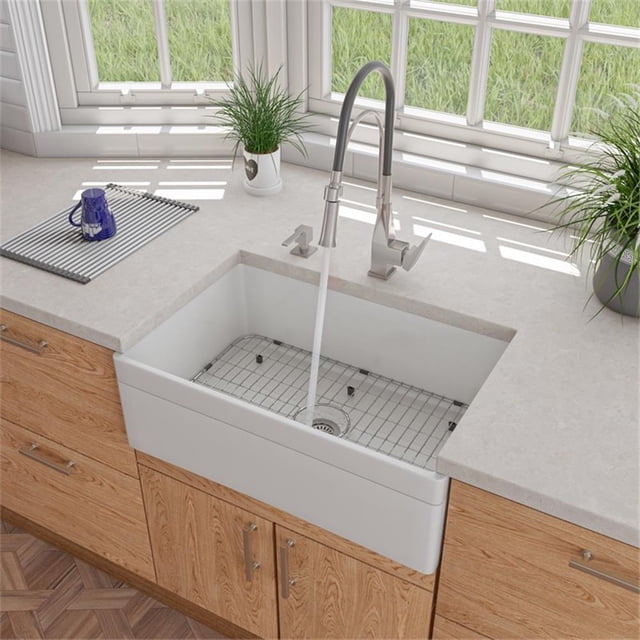 Pemberly Row Decorative Lip Apron Single Bowl Fireclay Farmhouse Kitchen Sink