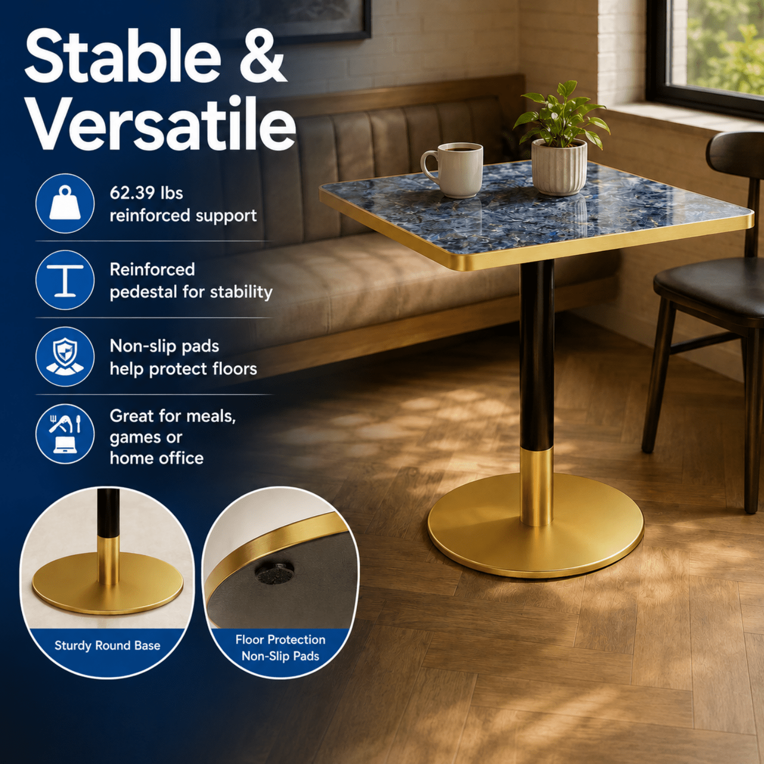 Miniyam 31.5 in Square Dining Table for 2-4, Marble-Look Sintered Stone Top, Stainless Steel Pedestal Base for Small Space, Blue