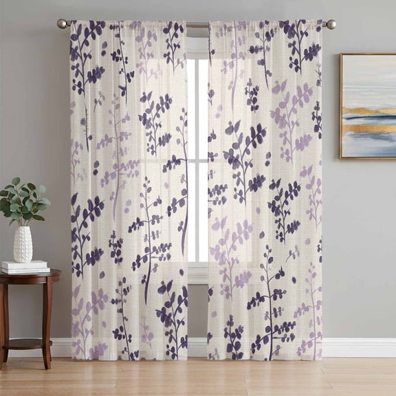 Purple Pink Botanical Sheer Curtains 96 Inch Length 2 Panels Set Window Treatments, Rustic Country Spring Floral Summer Leaf Rod Pocket Semi Curtains for Living Room/Bedroom/Kitchen, 104"W x 96"L