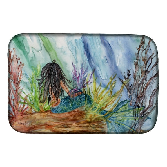 Black Haired Mermaid Water Fantasy Dish Drying Mat