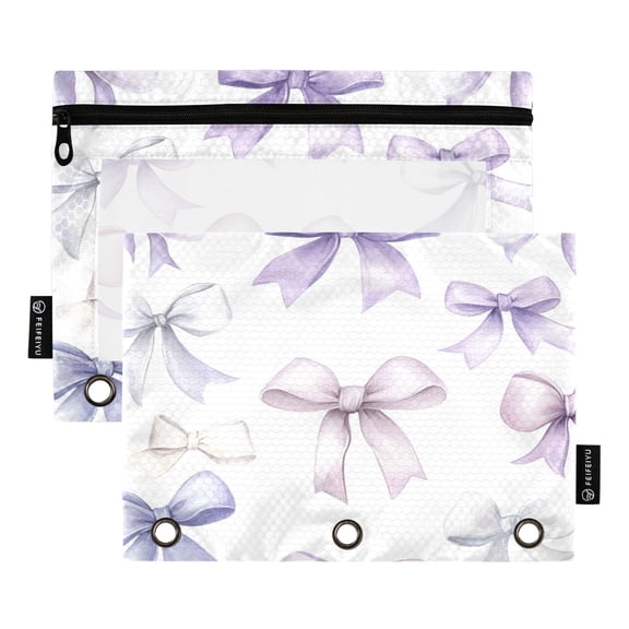 2 Pack 3 Ring Binder Pouch with Clear PVC Window Water Resistant Zipper Pencil Pouch Bowknot Binder Pocket for Classroom Office Home Stationery Organization
