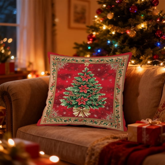 Lunxisen 2 Pcs Christmas Red Decorations Pillow Covers Farmhouse Holiday Rustic Linen Pillow Case for Sofa Christmas Decor
