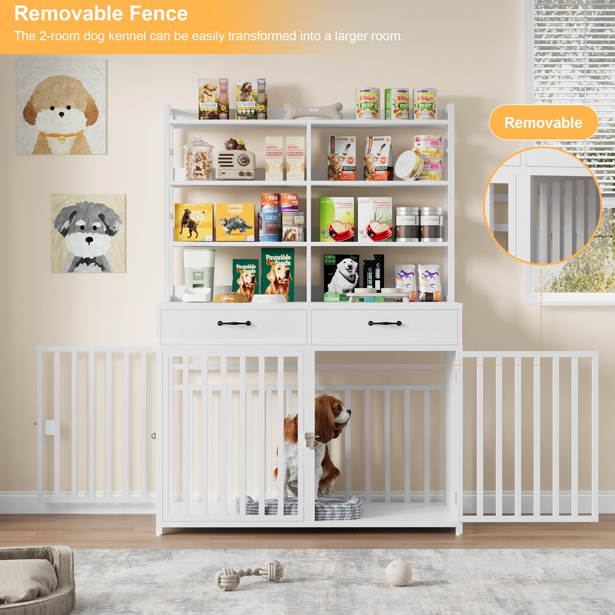 Homfa Dog Crate with 2-drawers and Storage Shelves, Indoor Furniture Style Metal Large Dog Kennel, White