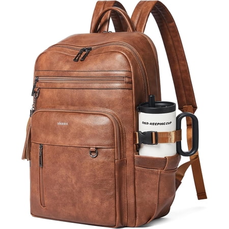 Vegan Leather Laptop Backpack for Women,17 Inch Computer Backpack Purse for Work Business College Travel Teacher Nurse with Anti-theft Pocket & Giant Tumbler Holder Pocket,Caramel Brown