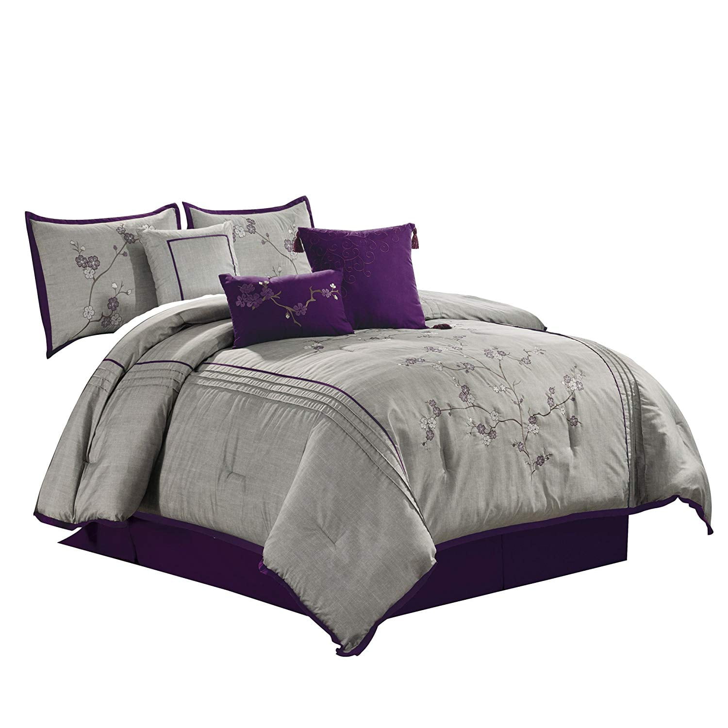 Chezmoi Collection Miki 7-piece Luxury Purple Cherry Blossoms Floral Embroidery Bedding 