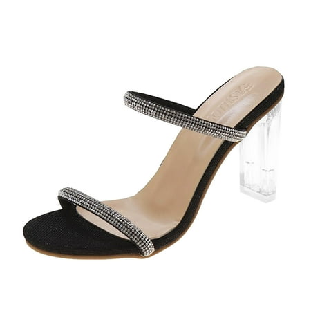 

TAIAOJING Women s Sandals Summer Rhinestone Leather Thick High Heel Sandals Slippers Zapatillas