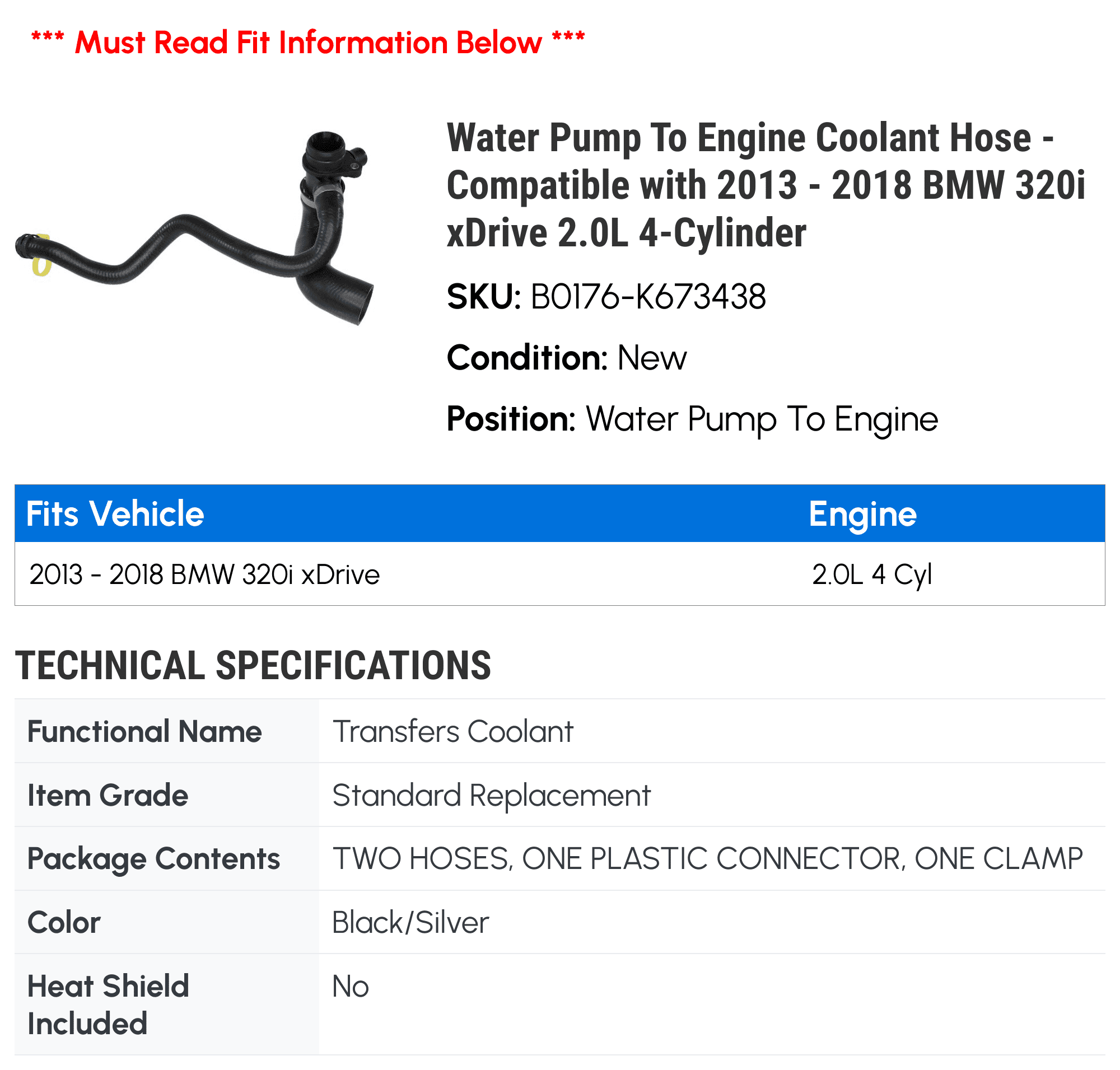 Water Pump To Engine Coolant Hose - Compatible with 2013 - 2018 BMW 320i xDrive 2.0L 4-Cylinder 2014 2015 2016 2017