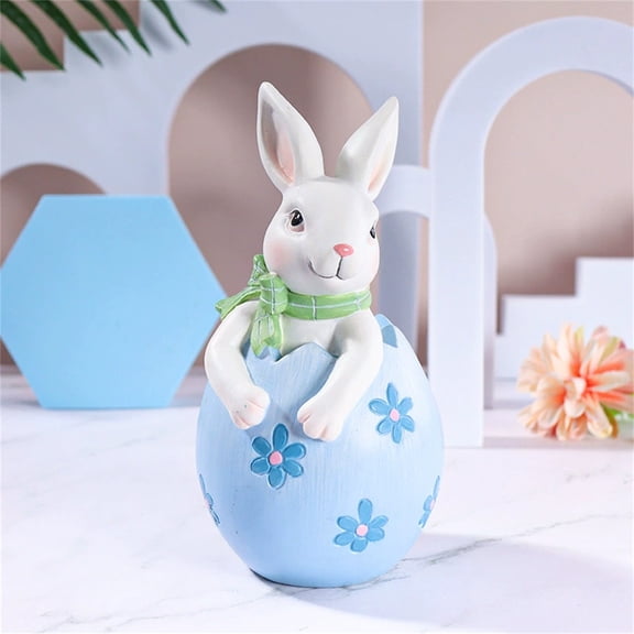 Easter Bunny with Egg, Resin Figurine of Rabbit Holding Decorated Egg, Cute Spring Table Decor, Easter Basket Topper & Gift Sky Blue