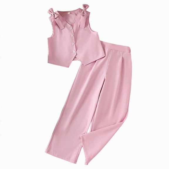 kpoplk Toddler Baby Girl Outfit Spaghetti Strap Top Linen Pant Set Kids Little Girls Dress Clothes Size 10-11 Years,Pink