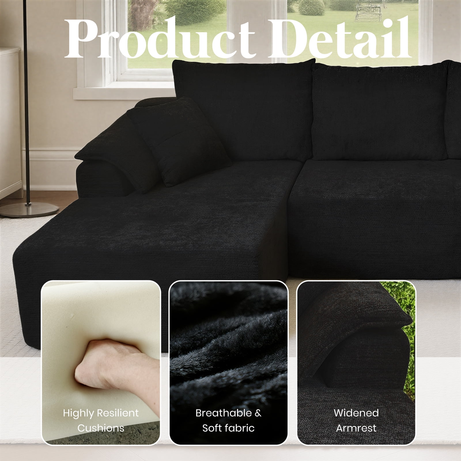 Kelyda 130'' U Shaped Sectional Couches, Modern Deep Seat Foam Boneless Cloud Sofa for Living Room Black