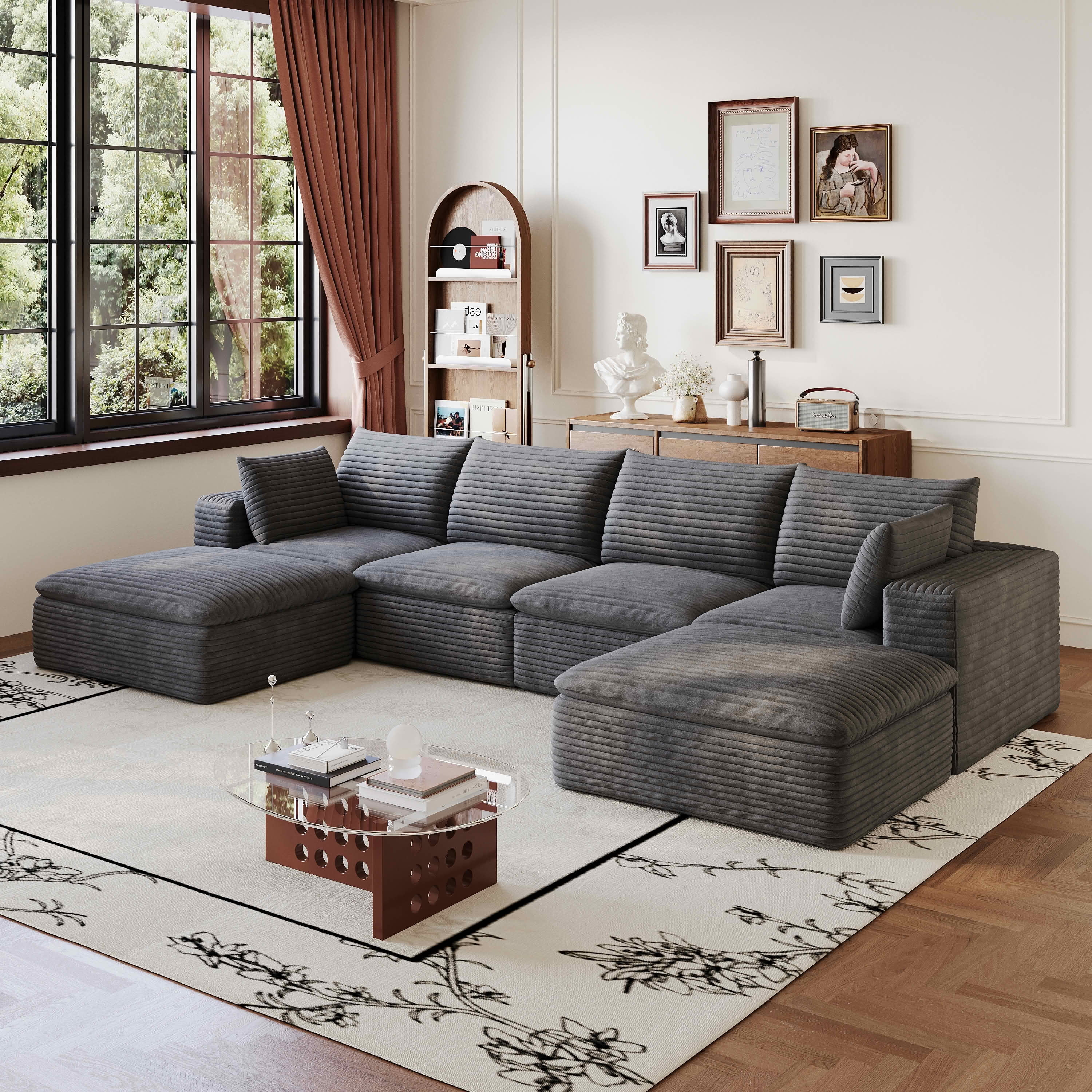 MAYEERTY 134 Inch Cloud Modular Sofa, Corduroy Deep‑Seat Couch with Double‑Layer Removable Cushions, No‑Assembly DIY Combination Sponge Sofa for Living Room Bedroom Conference Room Apartment