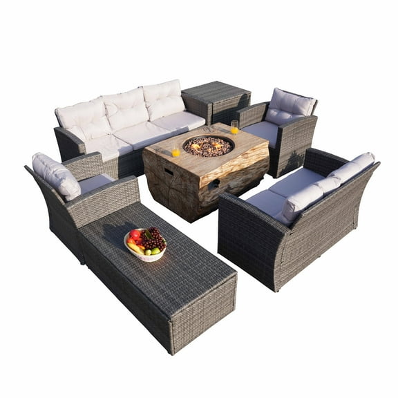 7-Piece Outdoor Patio Grey Wicker Conversation Sofa Set with Fire Pit Table