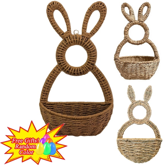 Boovnll Easter Bunny Basket, Wicker Bunny Easter Basket Hang In Wall Spring Decor with Handle & Long Ears for Flowers Eggs Hunting, Easter Decor