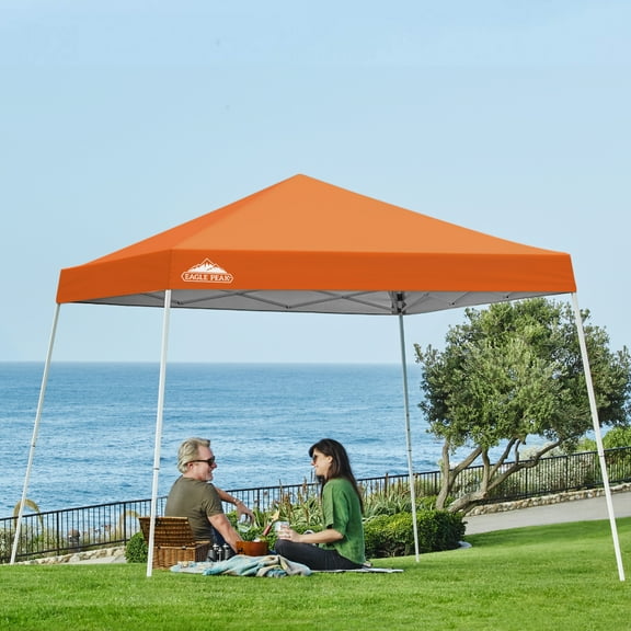 EAGLE PEAK 10x10 Slant Leg Pop Up Canopy Tent Easy One Person Setup Instant Outdoor Beach Canopy Folding Portable Sports Shelter 10x10 Base 8x8 Top(Orange)