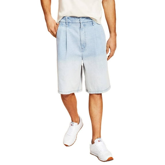 Royalty by Maluma Men's Blue Relaxed-Fit Two-Tone Pleated Denim Shorts Size 30