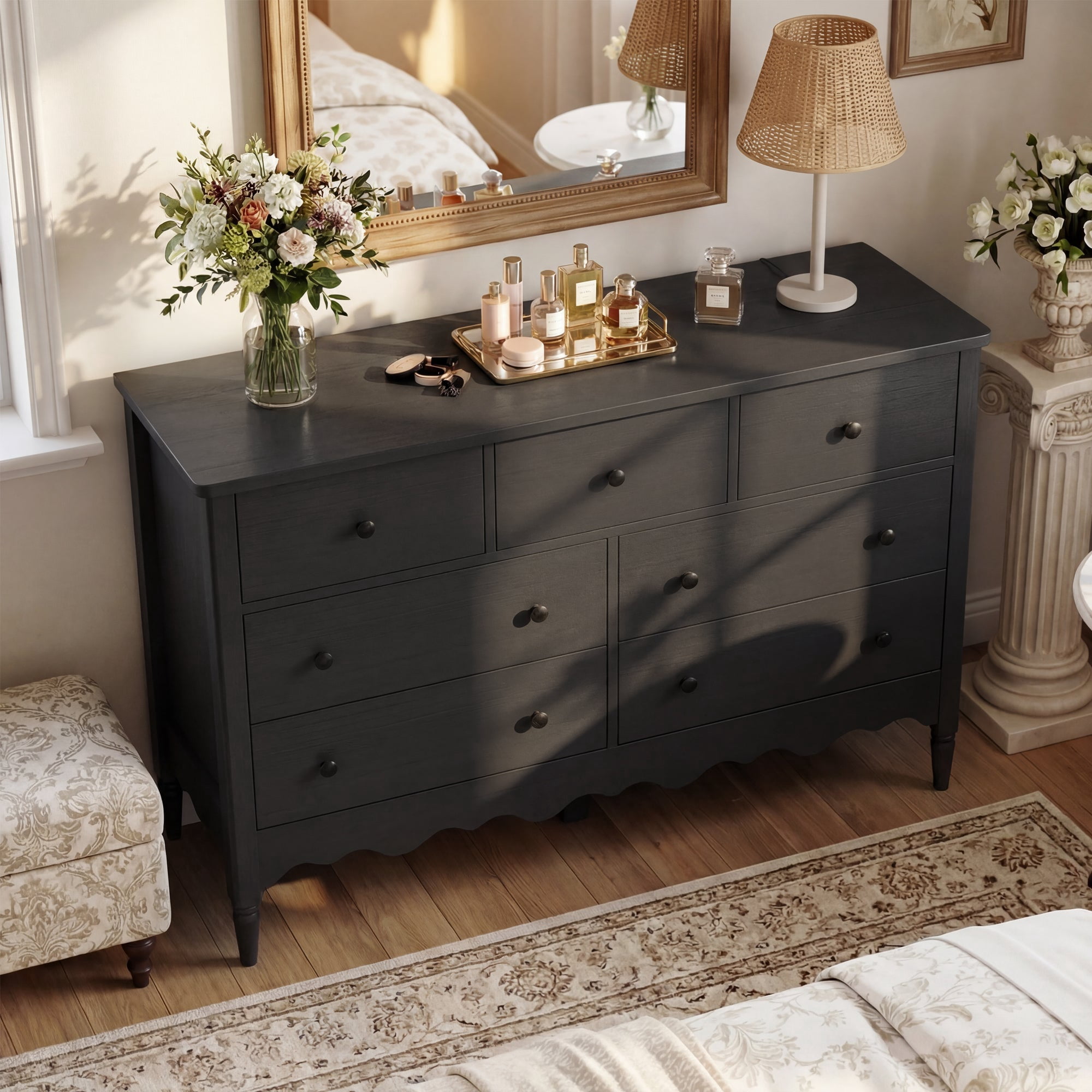 iSunirm 7-Drawer Dresser, Farmhouse Wooden Chest of Drawers for Bedroom, Closet, Black