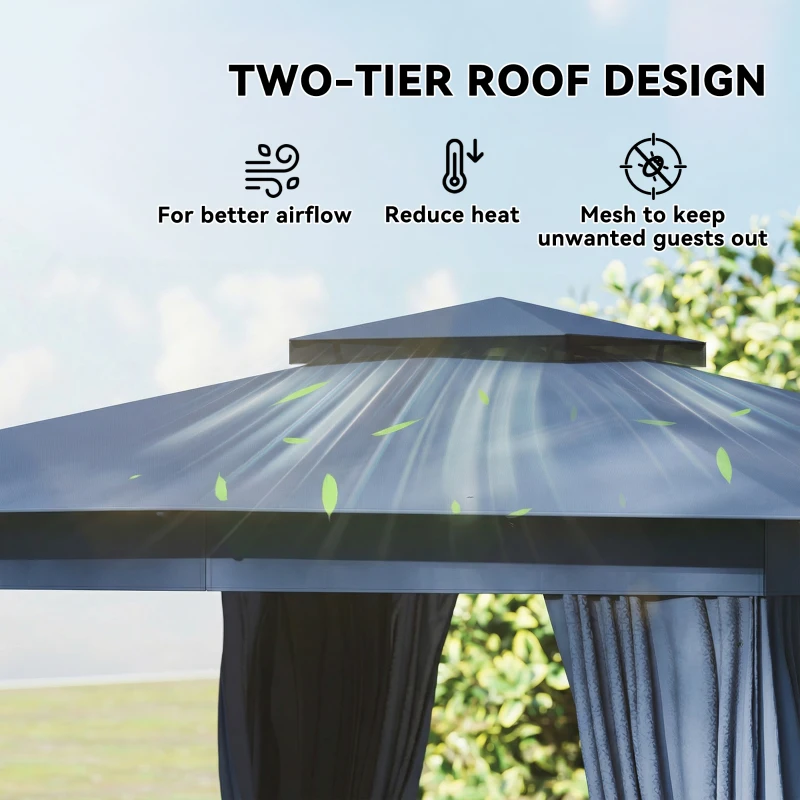 12 X 9 FT Double-roof Design Canopy Shelter, Large Outdoor Gazebo with Steel Columns, Outdoor Heavy Duty Party Tent with Mosquito Nettings and Privacy Screens for Backyard, Garden, Lawn, Blue
