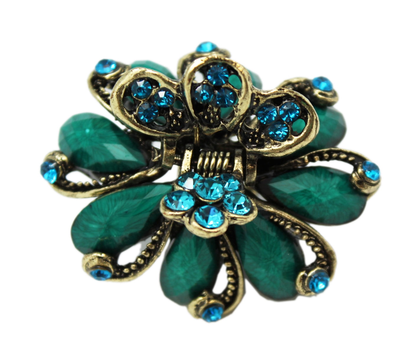 Bronze Lotus Flower Hair Claw Clip Elegant Blue Rhinestone Hair Clip