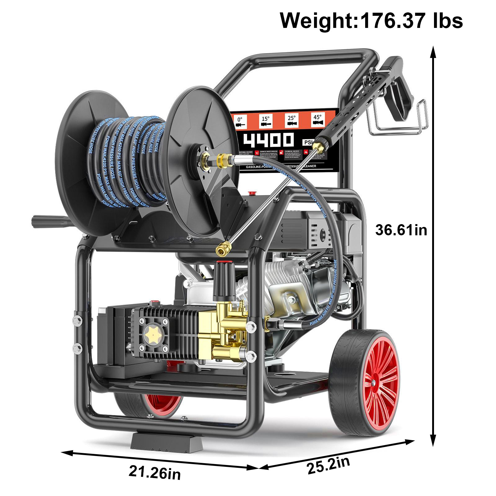 POHIR 4400psi Gas Pressure Washer, 4.5 gpm 15HP 420CC One-Button Electric Start, 50ft 3/8 inch Hose Reel, Spray Gun, 5 Quick Connect Nozzles