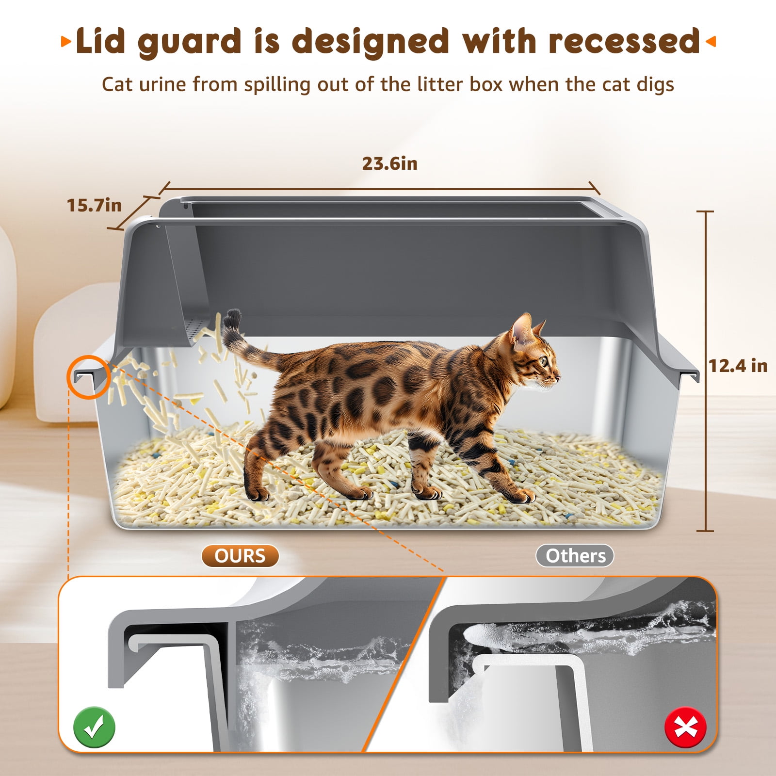 Litter Box with Large Litter Mat for All Cats, Upgraded Stainless Steel 23.6" Cat Litter Tray, High-Sided Open Top Cat Litter Box with Scoop, Anti-Scratch