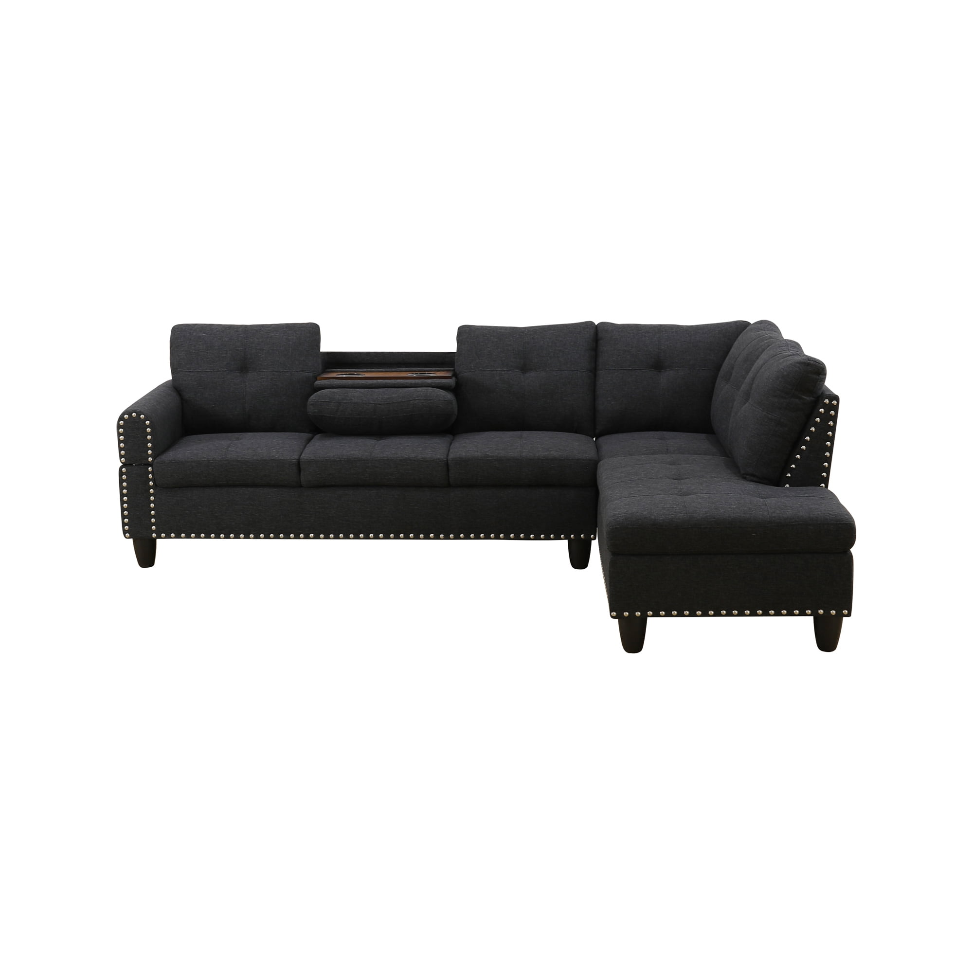 Leumius L-Shaped Sectional Sofa, Modern 4-Seat Couch with Built-in Cup Holders, Upholstered Fabric Sectional Couch with Right Facing Chaise for Living Room, Apartment, Office,Black