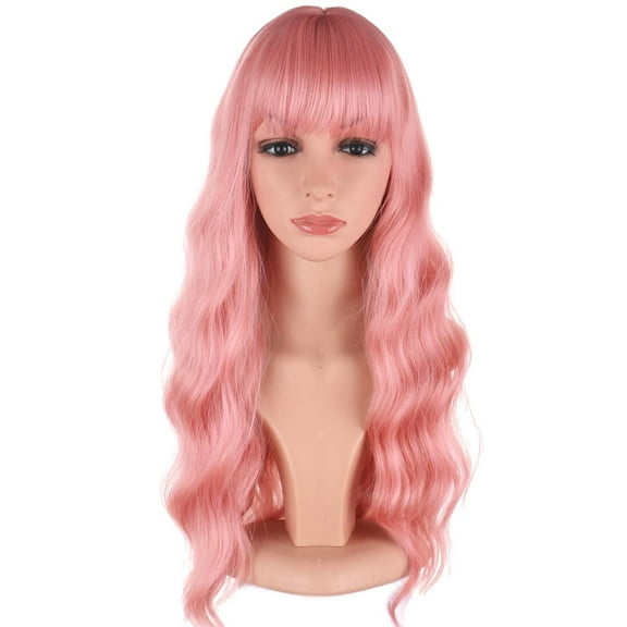Pink Hair Wavy Wigs With Bangs For Women Synthetic Pink Wigs For Daily Use Everyday Wear.