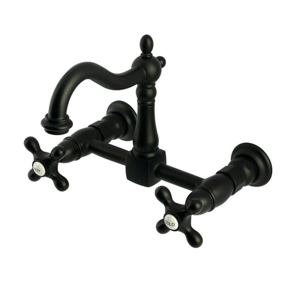 Kingston Brass KS1260AX Heritage Double-Handle Wall-Mount Bridge Kitchen Faucet, Matte Black