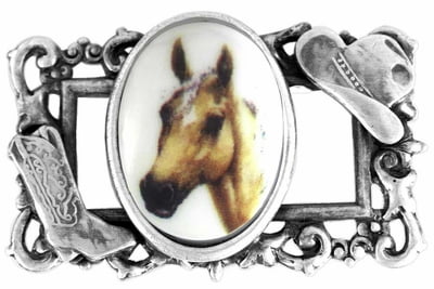 Sterling Silver Plated Cowboy Hat & Boot "Frame" & Palomino Horse Oval Picture Pin by