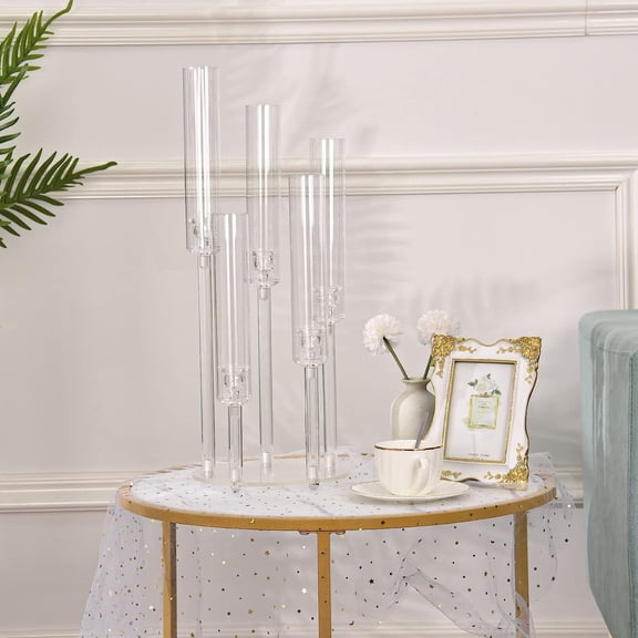5 Arms Clear Candelabra, Acrylic Taper Candle Holders Centerpieces with Shades for Valentine's Day, Wedding Party Table Decoration