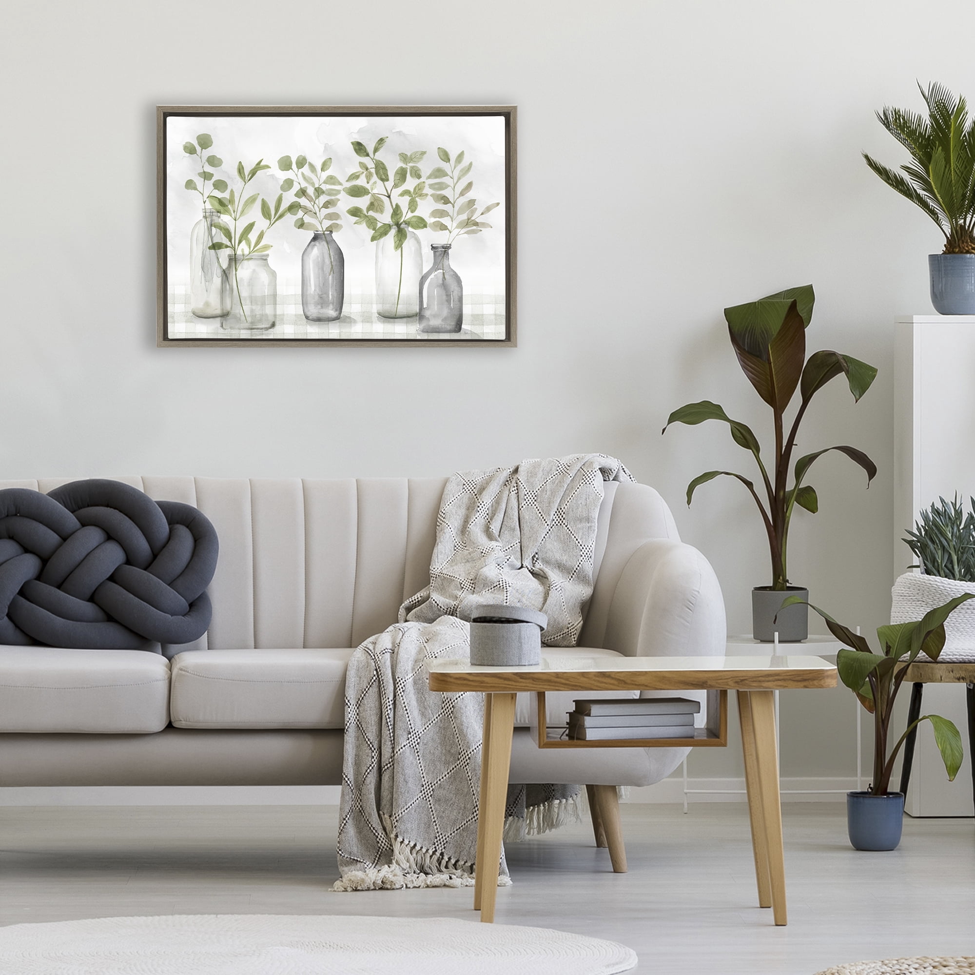 Stupell Industries Greenery Leaves in Vases Brown Framed Floater Canvas Wall Art, design by Nan