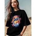 thumbnail image 3 of Camisetas para mujer, playeras con delfines al atardecer, cuello redondo, manga corta, camisetas casuales holgadas de verano, con flores de cocoteros., 3 of 8