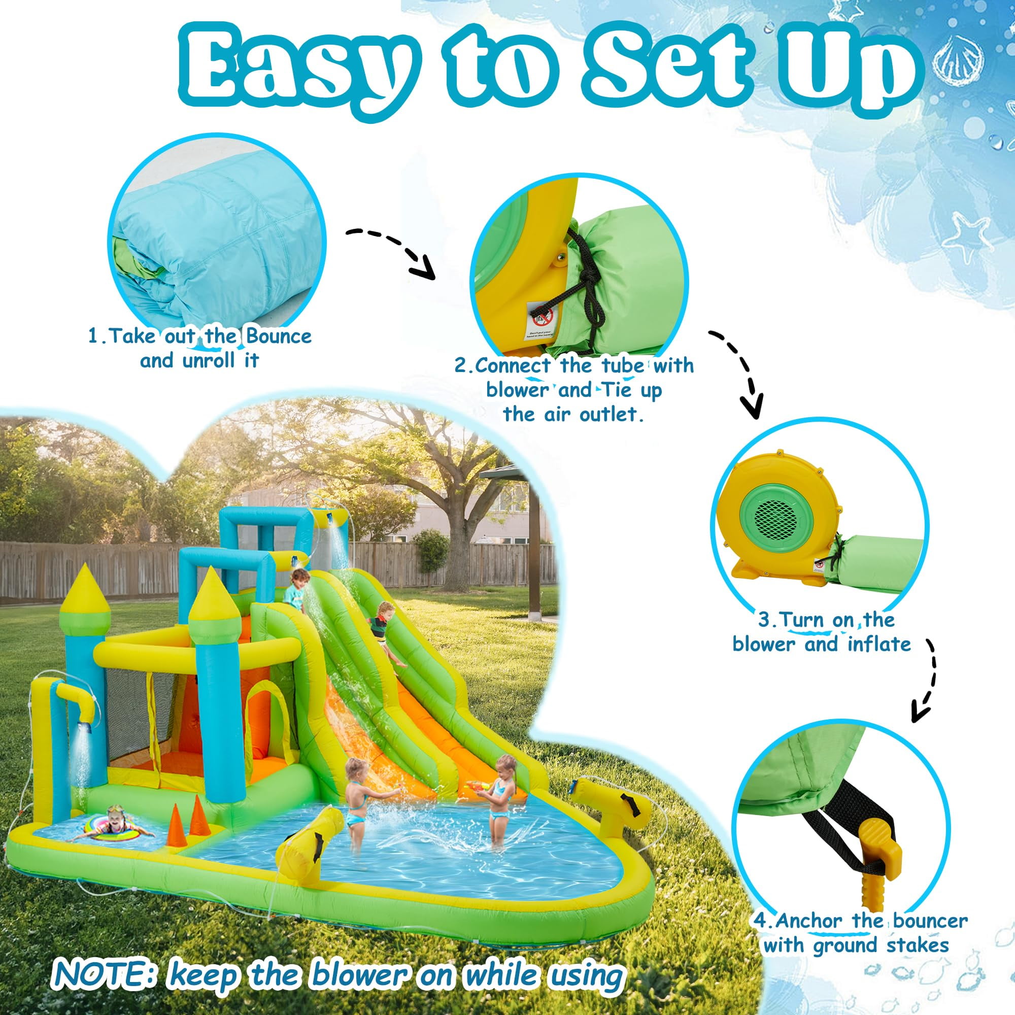 Inflatable Water Slide,10 in 1 Water Park Bounce House for Kids 3-12 with Blower,Splash Pool, 2 Slides, Water Cannon, Climbing Wall,Blow up Water Slides for Kids Outdoor Backyard