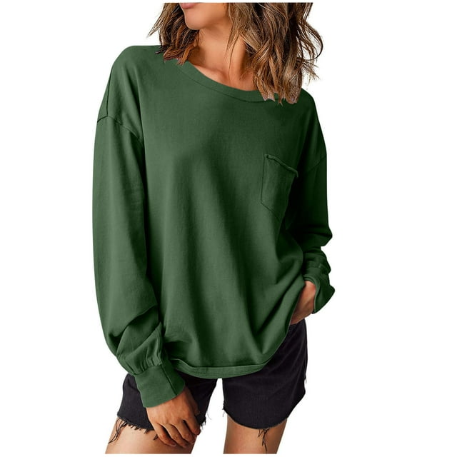 HUJlwoi Chandails en Molleton à Col Rond pour Femmes, Hauts à Manches Longues Unis avec Poches, Mode Automne, Chandail Confortable