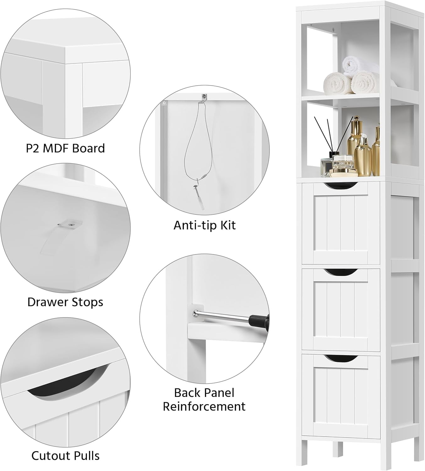 Bathroom Tall Cabinet, Slim Storage Cabinet, Narrow Freestanding Floor Cabinet with 3 Drawers & 2 Shelves, Linen Tower for Small Space, 12" D x 12" W x 56" H, White